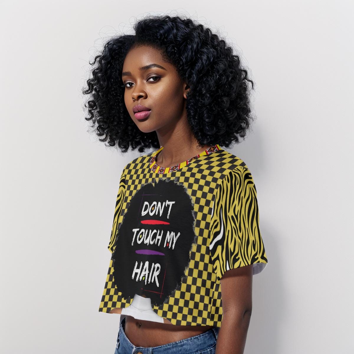 Checkered Print Crop Top: "Don't Touch My Hair" Graphic, Trendy Fashion, Ready to Ship