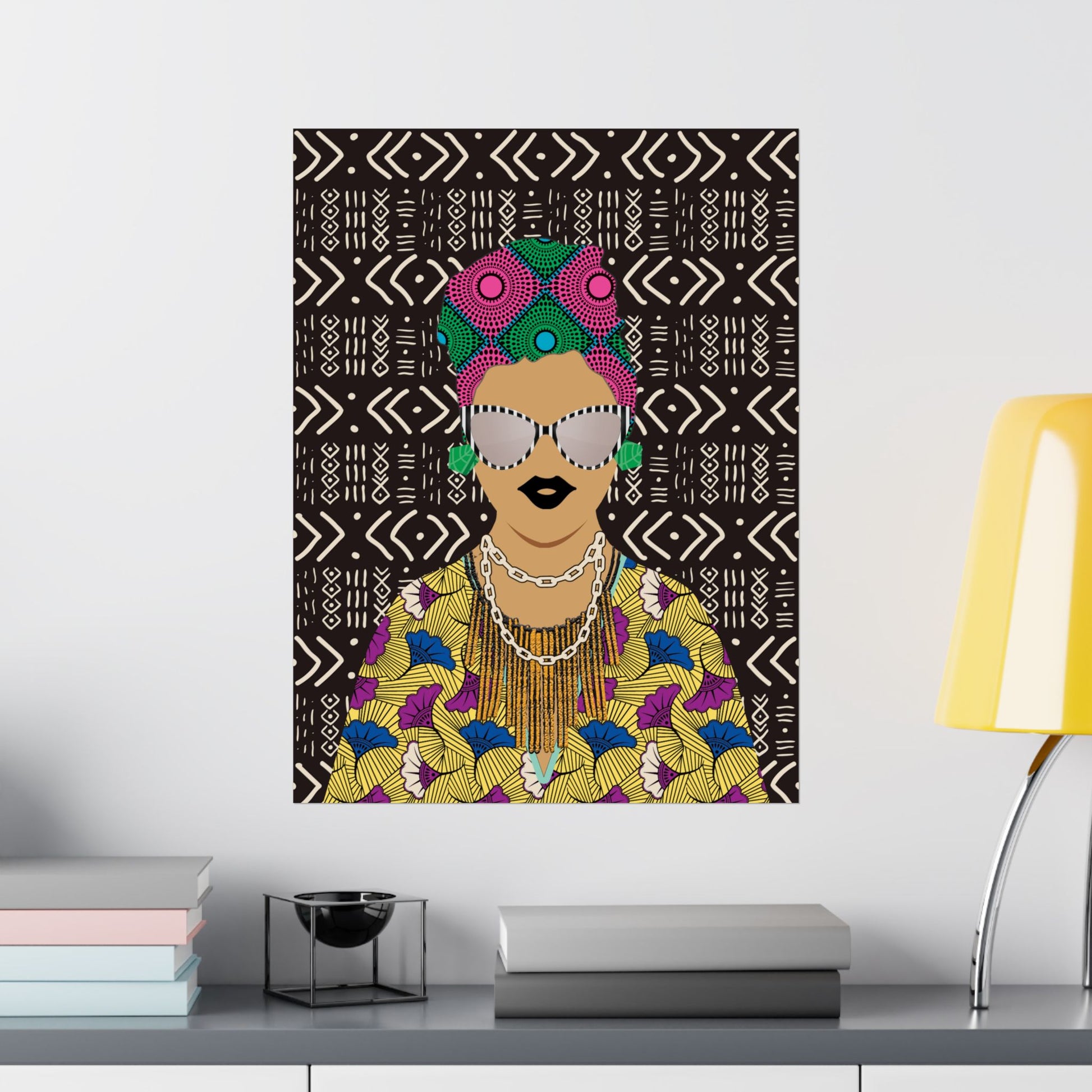 a colorful and stylized portrait of a person wearing a headdress and a patterned outfit, set against a black and white geometric background.