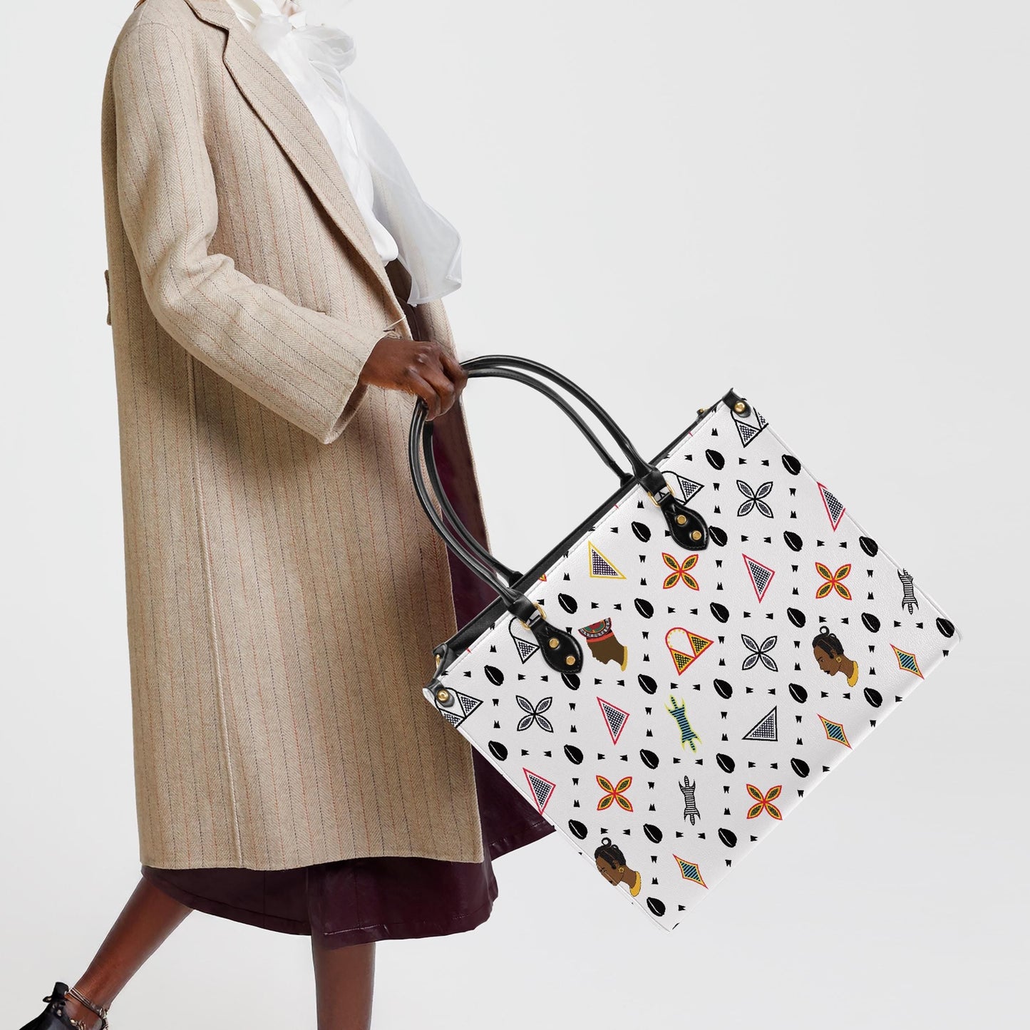 African Vegan Leather Tote Bag: Toghu Print, Cowrie Shells