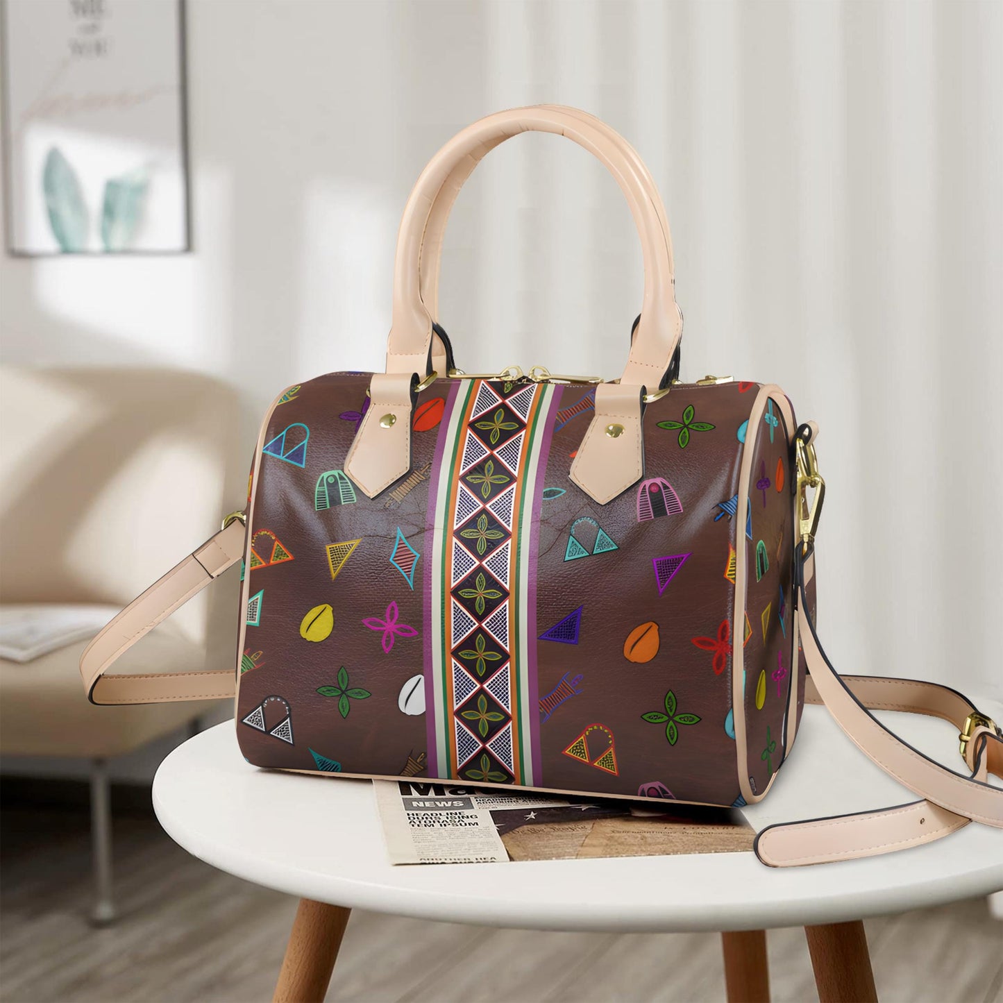 Vegan Leather Brown Boston Bag, Neon Toghu Print or Floral Satchel Handbag