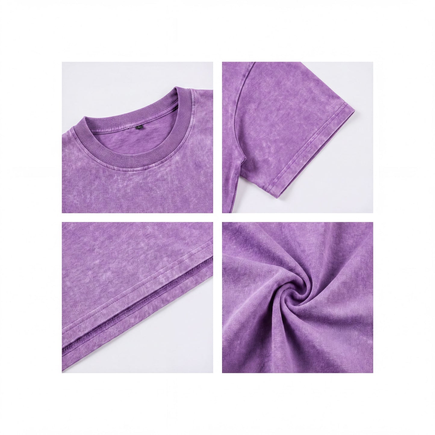 The image is a collage of four photos showing different aspects of a purple t-shirt, including the collar, sleeves, and texture.