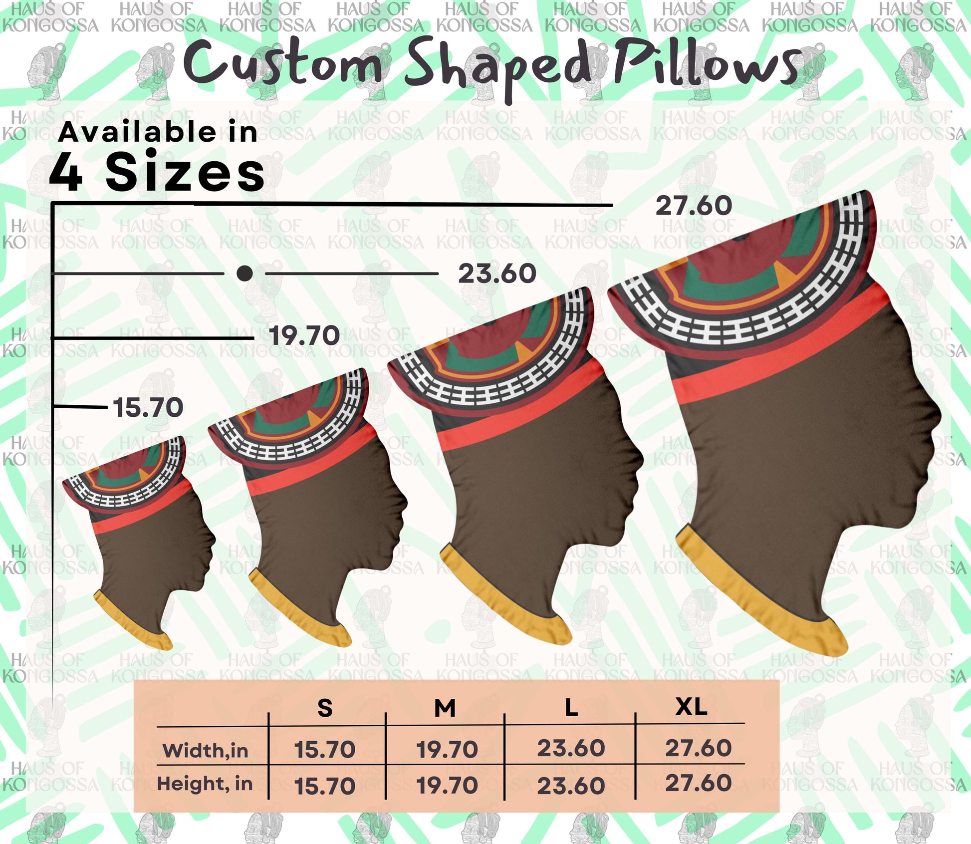 The image is a visual representation of custom-shaped pillows available in four sizes, ranging from small to large. The pillows are depicted in profile, with a focus on their head and neck areas. The image includes a color palette and size information, providing a clear visual representation of the pillow dimensions and corresponding widths.