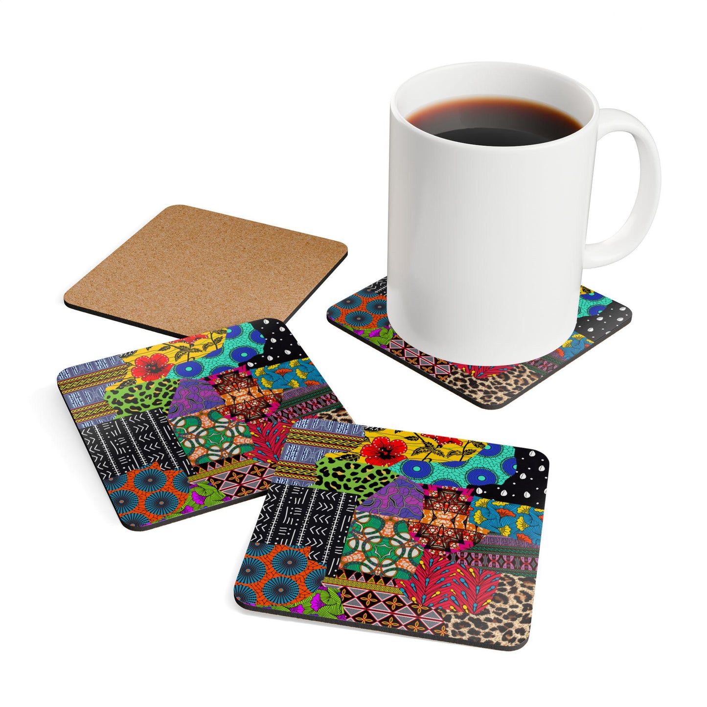 African Print Coasters, Corkwood Coaster Sets, Glossy MDF Set, 3 Designs Available,  Perfect Gift for Mother's Day