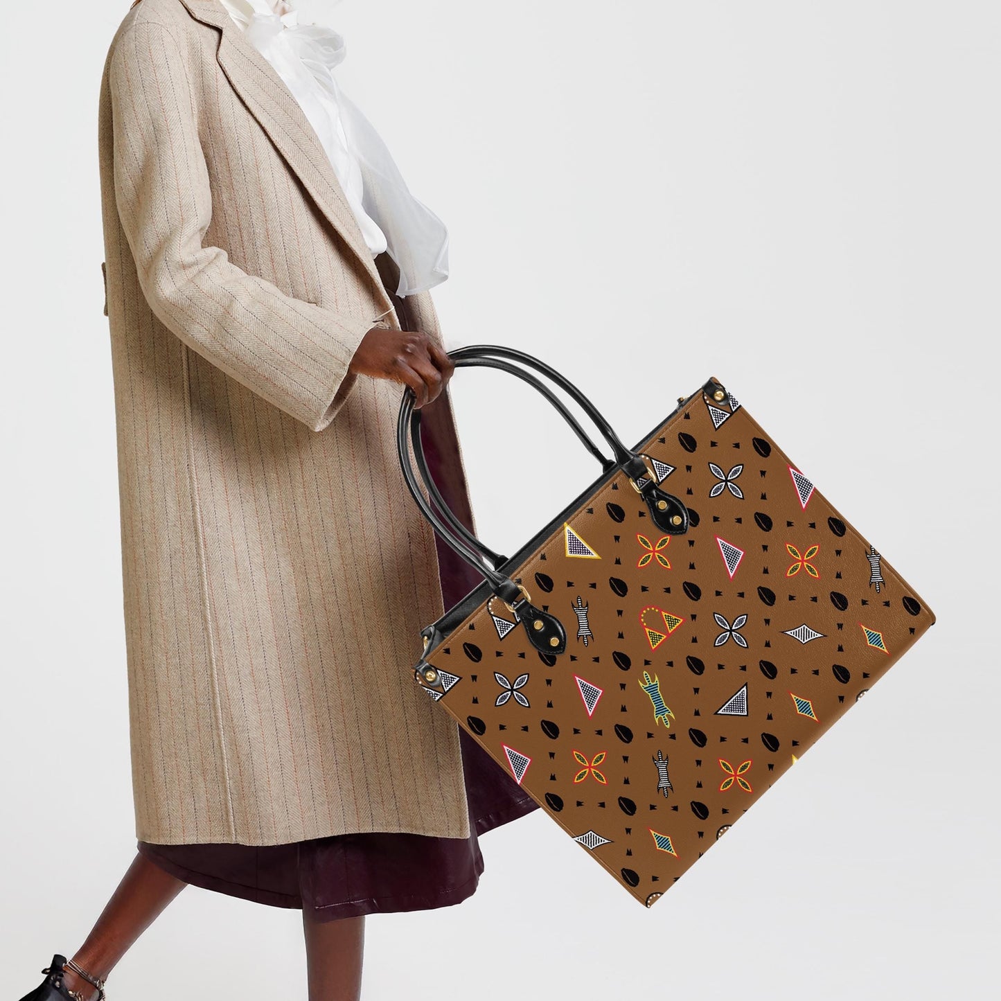 African Print Vegan Leather Tote Bag: Toghu shapes