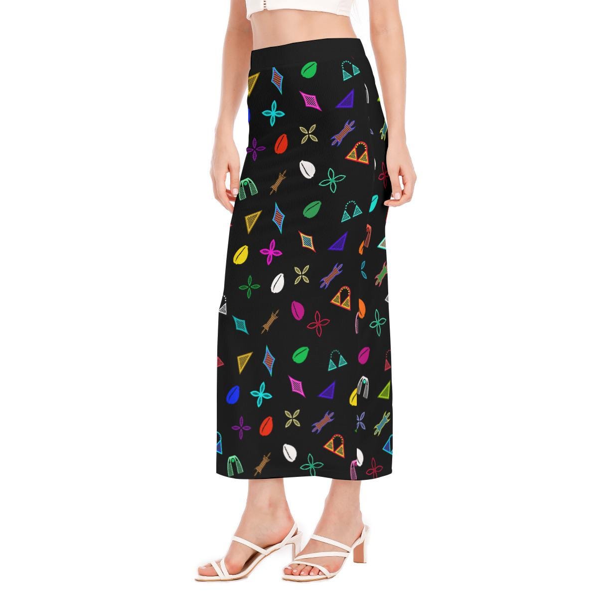 Neon Toghu Shapes Maxi Skirt: Women's Long Side Slit African Fashion, Ready to Ship