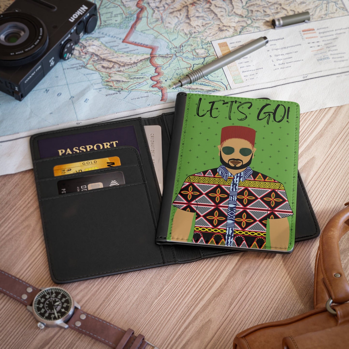 Phillipe Go (Sand) in Yellow Toghu on Green Crosses  - Passport Cover
