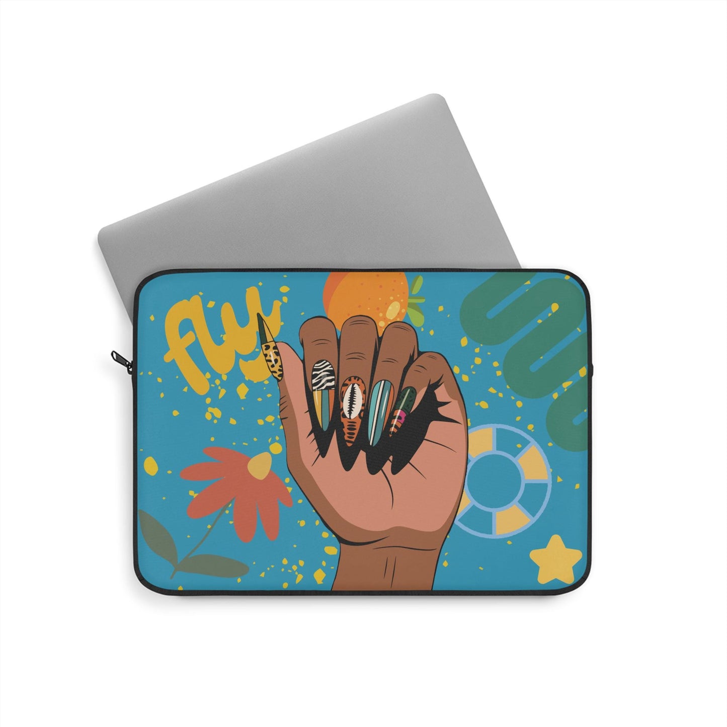a laptop sleeve with a colorful and playful design, including a hand with painted nails, flowers, and other abstract elements.