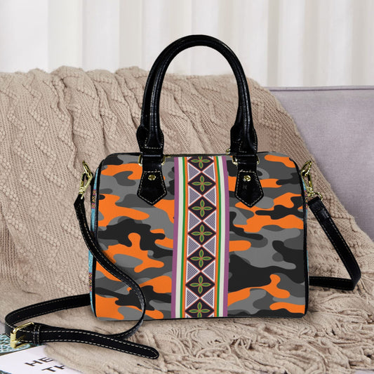 Camo & Plaid, Toghu Stripe Vegan Leather Boston Bag, Two-Sided Satchel Handbag