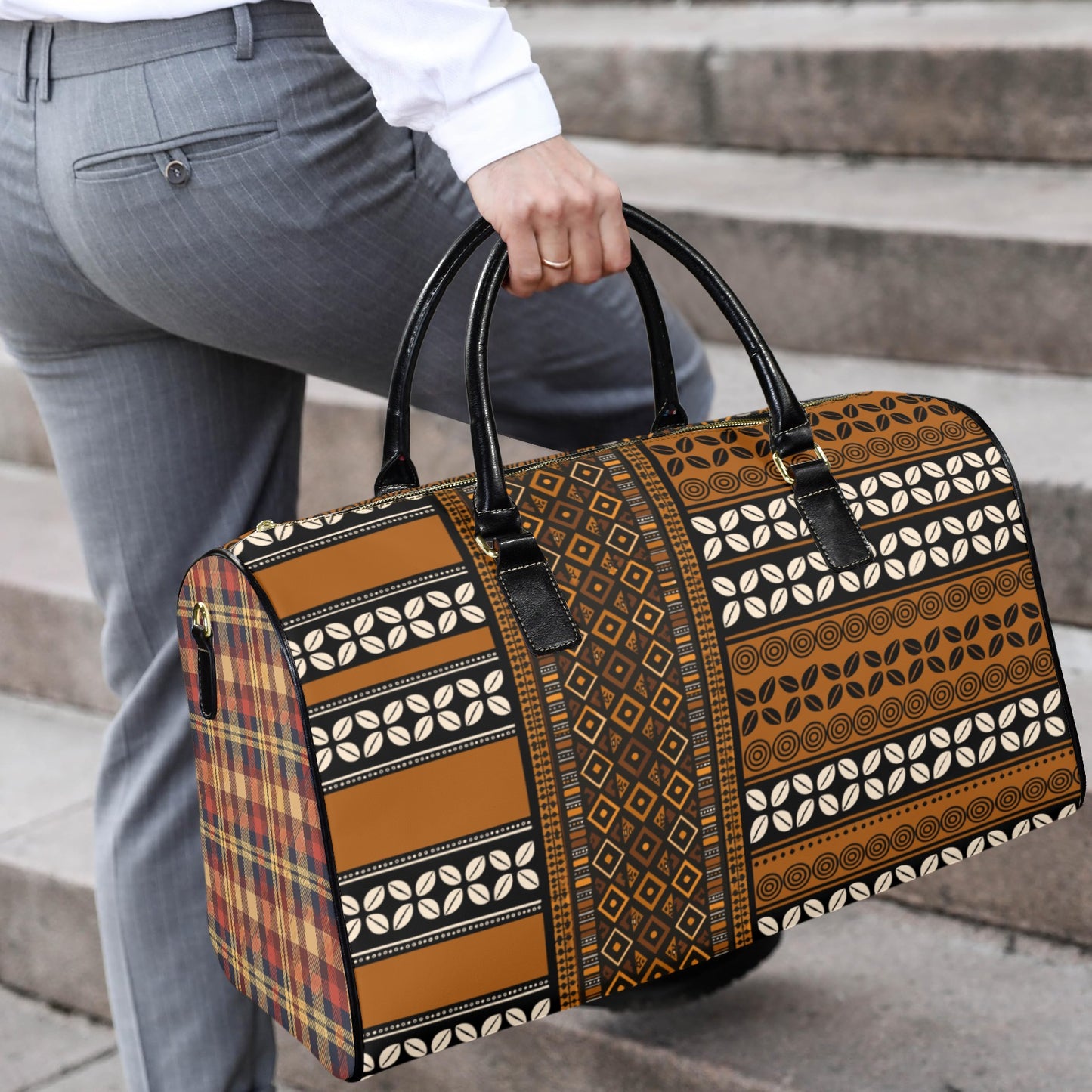 NEW Vegan Leather Mudcloth & Cowries Print Travel Bag