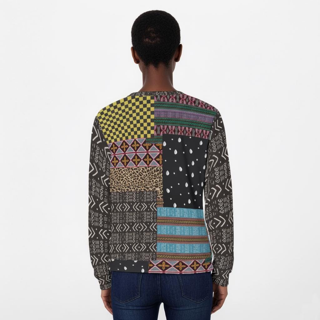African Patchwork Print Sweatshirt, Nyanga Boy Art, Scuba Fabric