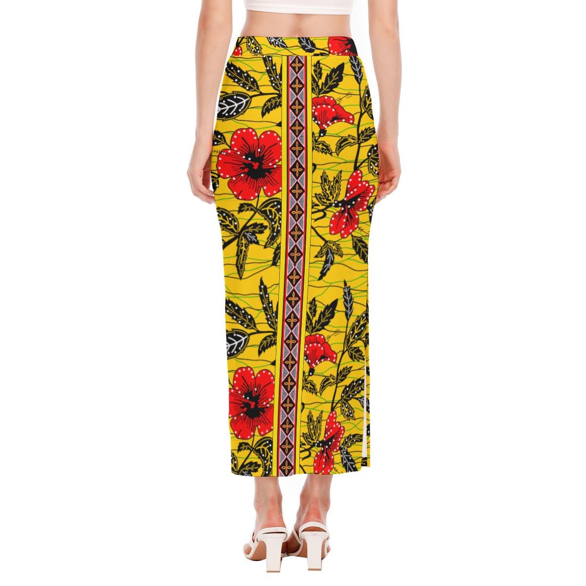 Yellow Floral Ankara Maxi Skirt: African Print Side Slit