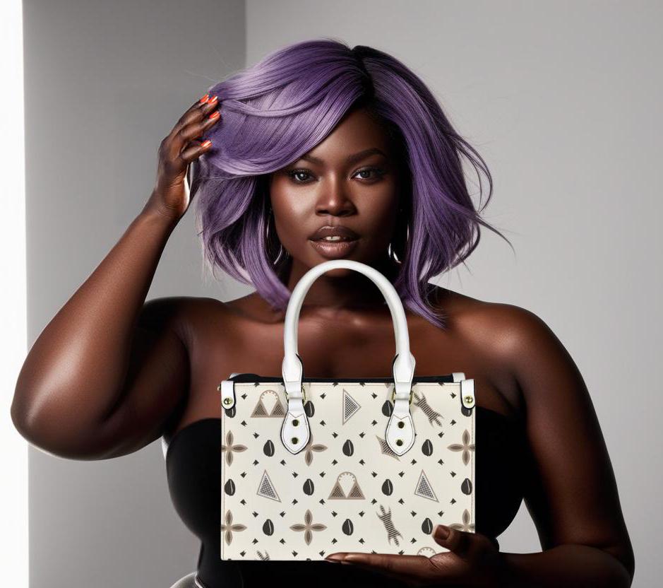 African Vegan Leather Tote Bag: Beige Toghu Print, White Handles, Ready to Ship