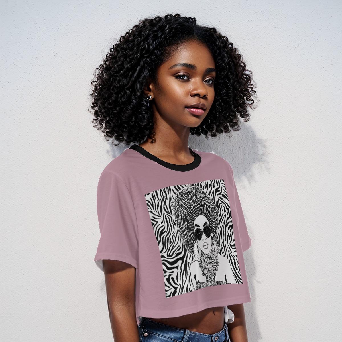 African Print Crop Top: Mauve Jersey with Zebra Design