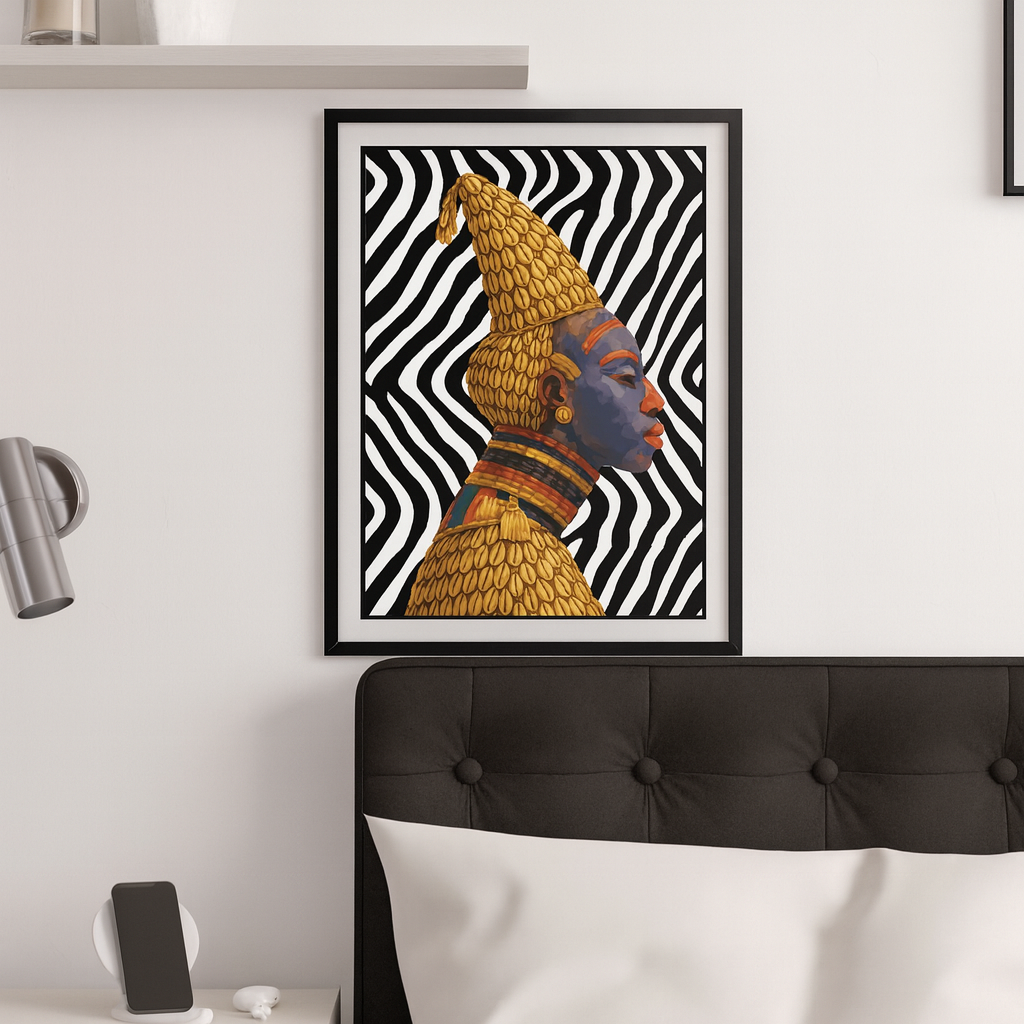 a framed artwork of a colorful, stylized portrait of a person with a distinctive yellow hat and vibrant makeup, hanging on a wall above a bed.