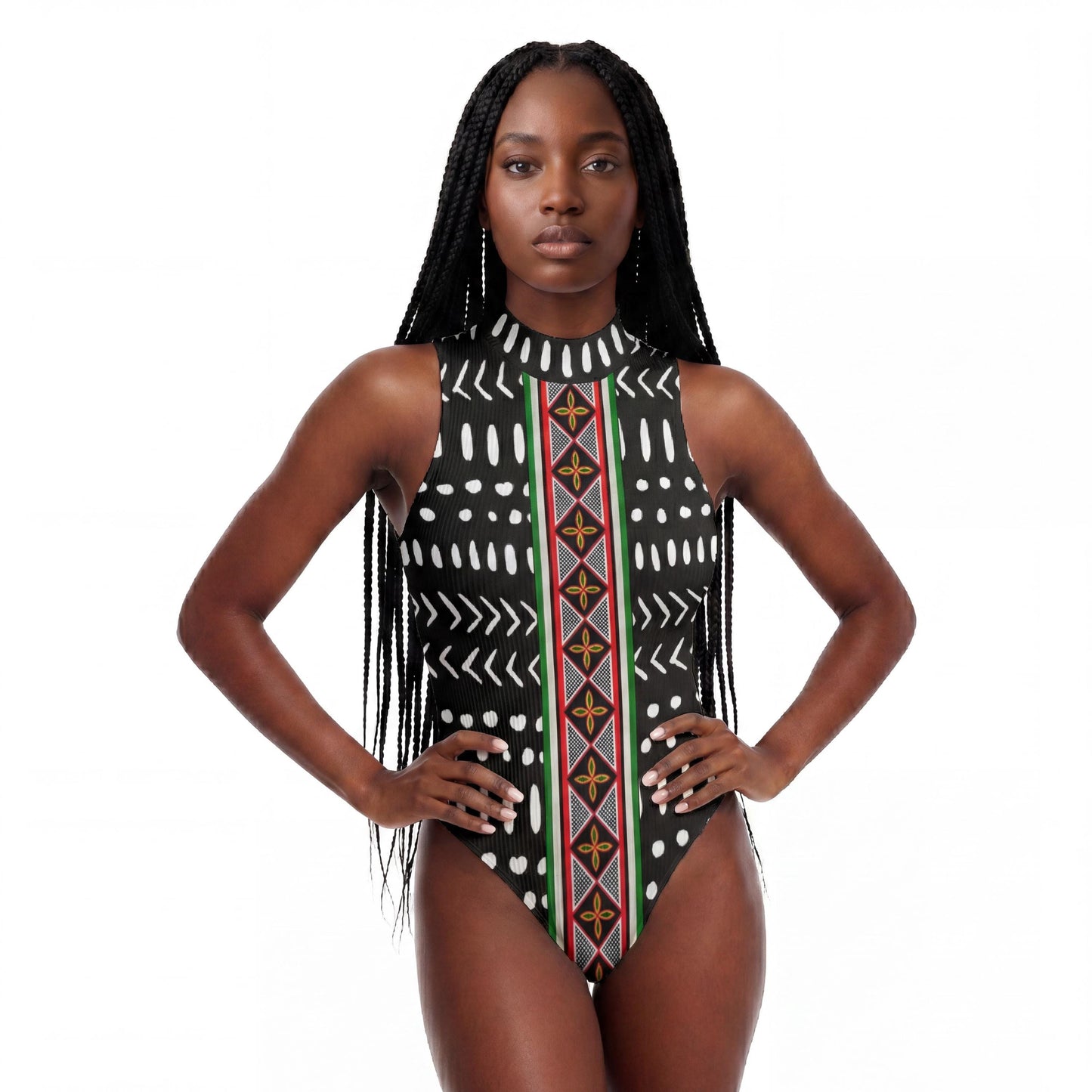 Striped Toghu and Mudcloth Print Bodysuit – African Cameroon Sleeveless Shirt