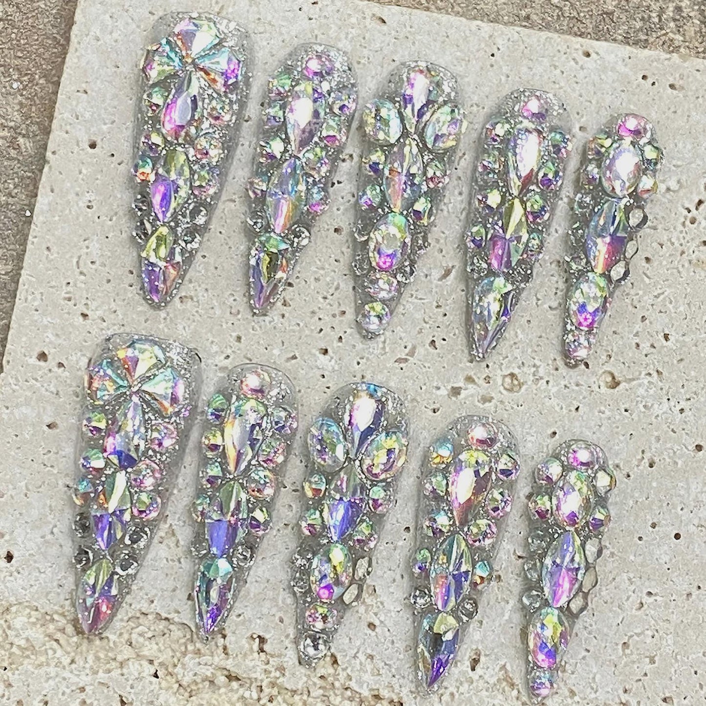 Luxury Diamond Crystal Press On Nails, Long Stiletto Glam Nail Art, Ready to Ship
