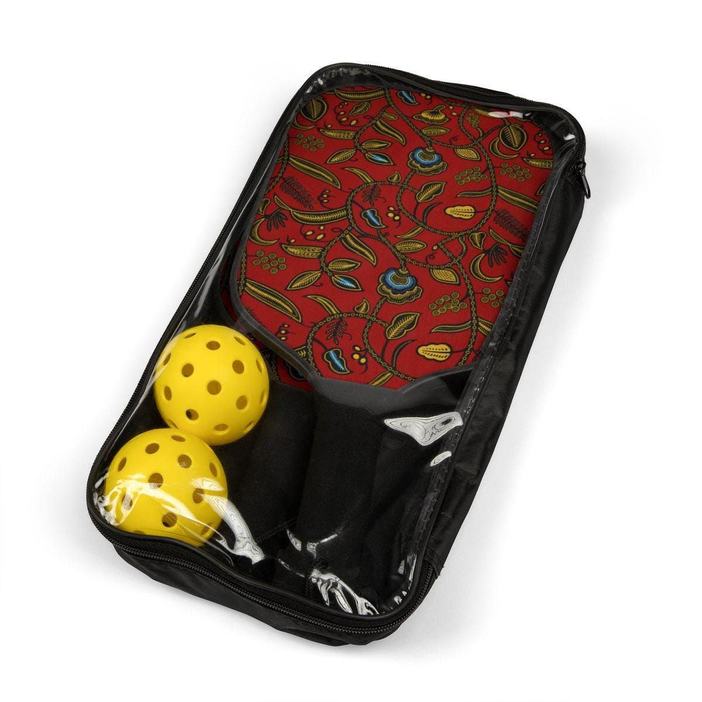 A clear plastic bag containing a red patterned cloth and two yellow plastic balls.