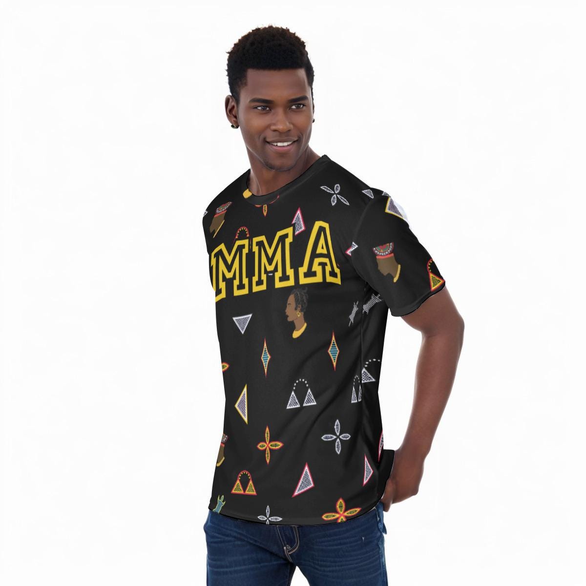 MMA All-Over Print T-Shirt, Cameroon Toghu Shapes, Athletic Eyebird Fabric Tee, Ready to Ship