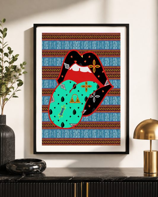 a framed poster with a vibrant, colorful design of a tongue with a patterned mouth, set against a background with a geometric pattern.