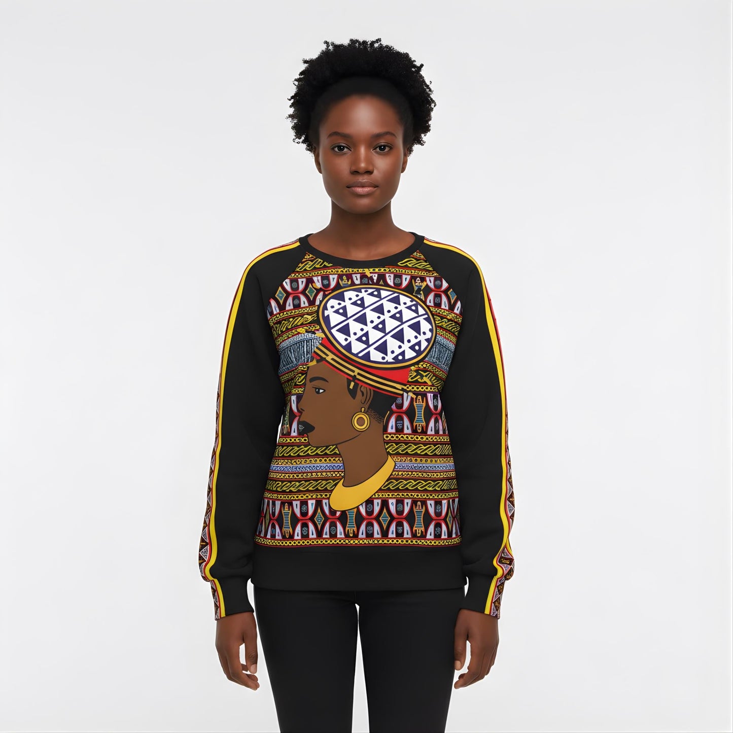 Bamileke Hat Lady, Women's Raglan Sleeve Sweatshirt, on Toghu and Ndop Print All-Over Print