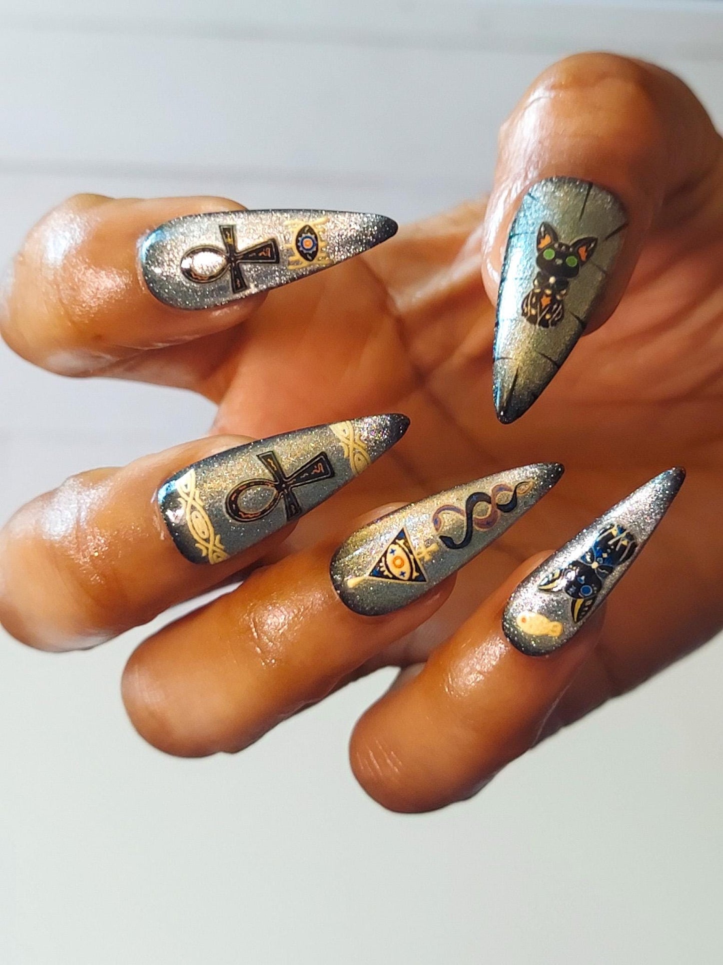 Handmade Silver Egyptian Cat Press On Nails: Long Stiletto Nail Set, Ready To Ship