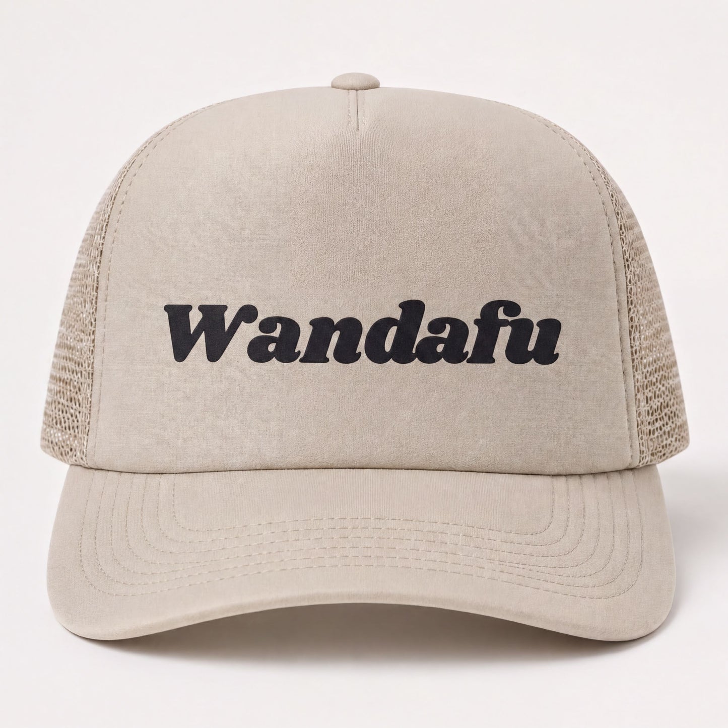 A beige baseball cap with the text "Wandafu" printed on it.