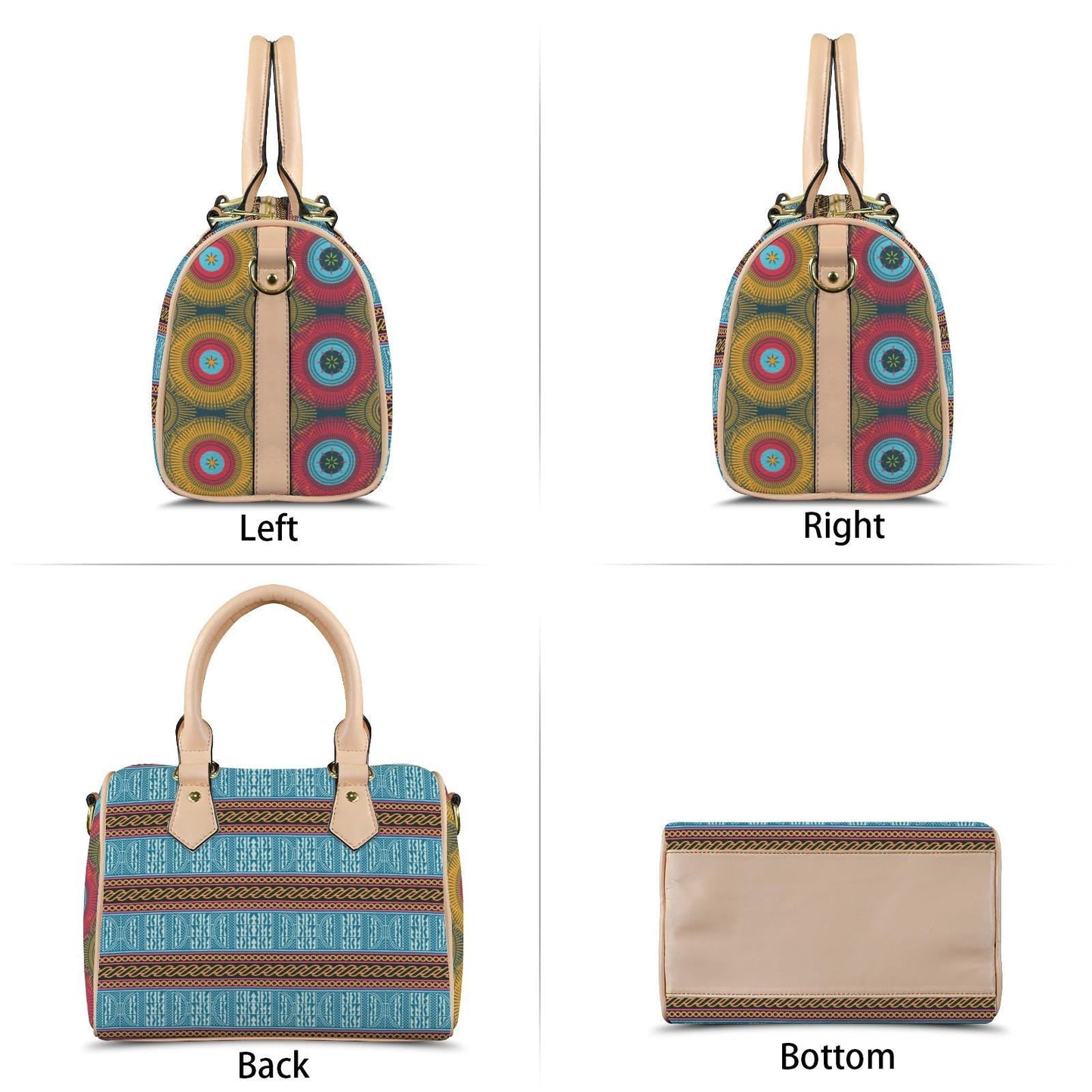 African Ndop Print Boston Bag - Vegan Leather Satchel Handbag with Strap