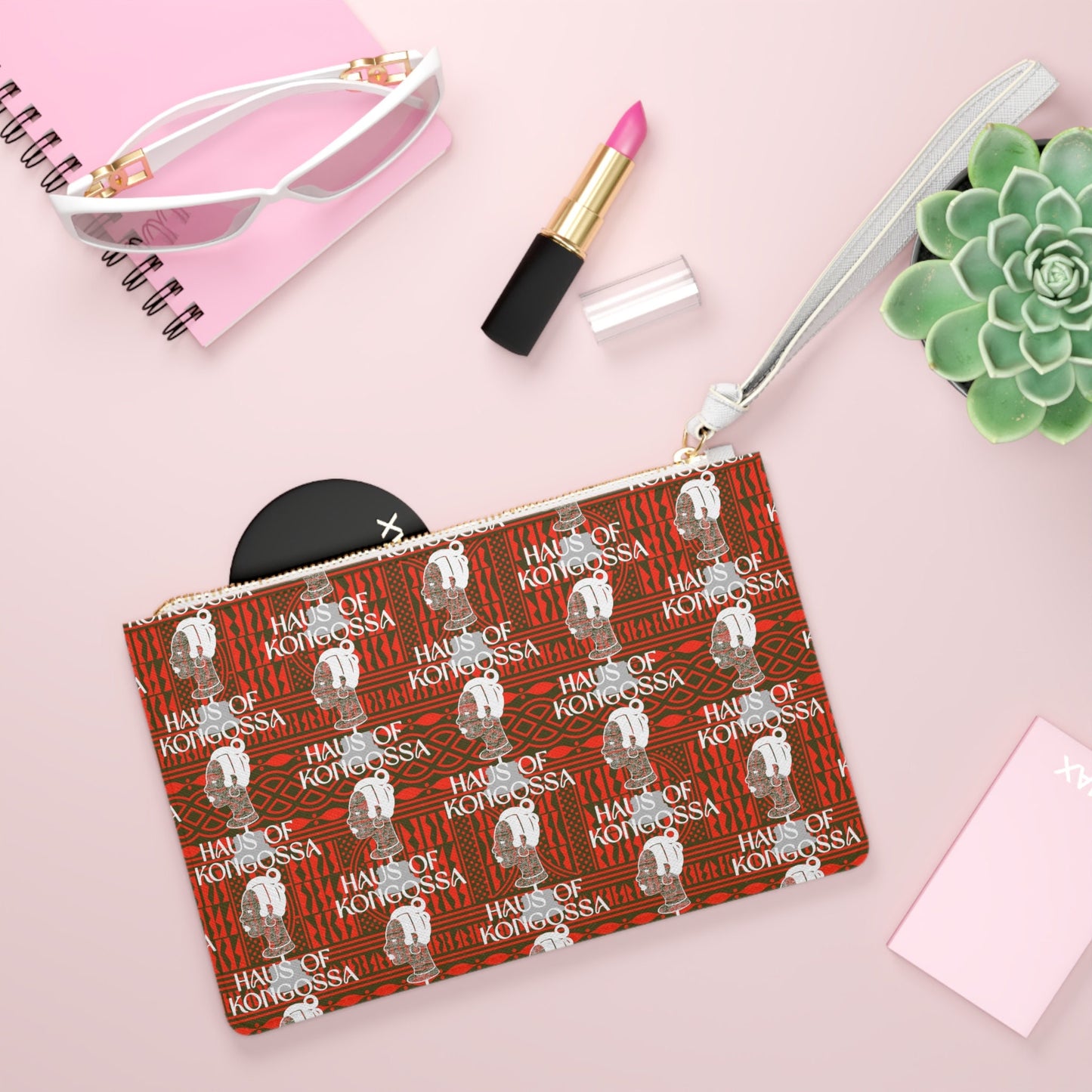 Vegan Leather Wristlet Clutch: Red Ndop African Print Evening Bag