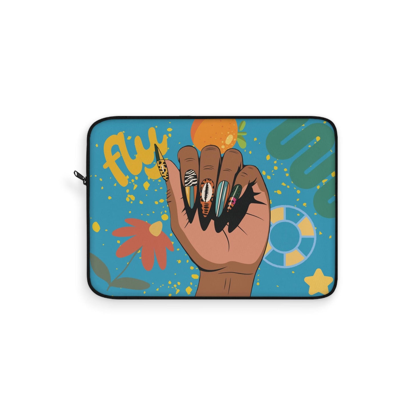 A colorful and stylized image of a hand with painted nails against a background with various abstract shapes and designs.