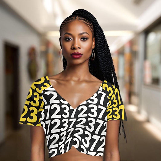 Yellow & White Number Print Crop Top: Stretchy Festival Fashion, Ready to Ship
