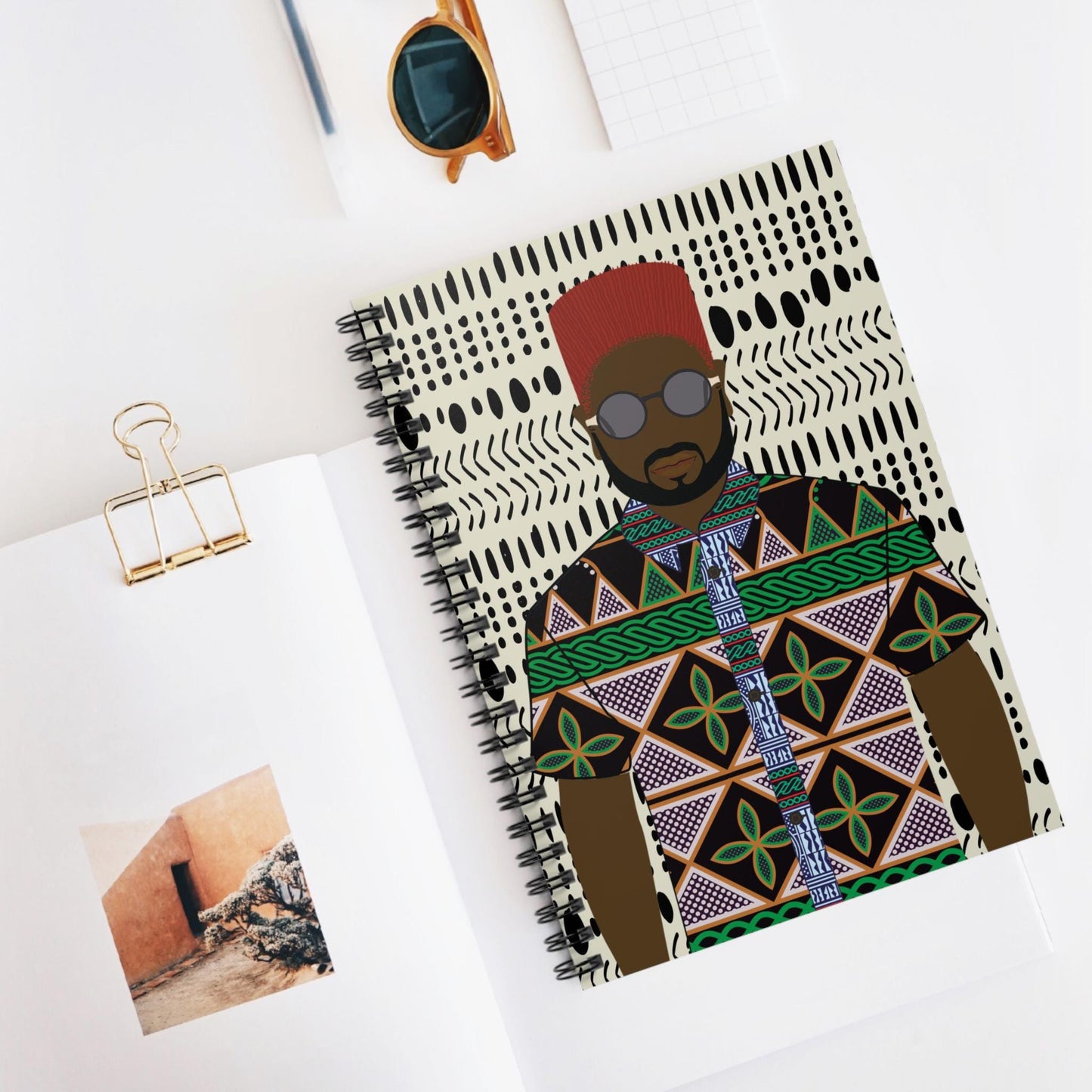 Phillipe in Green Toghu on Mudcloth - Front Cover Spiral Notebook - Ruled Line