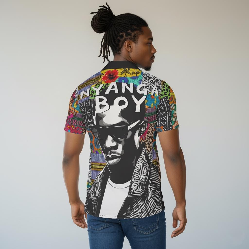African Ankara Print Men's Button-Up Shirt: Nyanga Boy Design