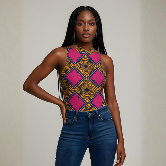 African Pink Ankara Ribbed Stretchy Bodysuit: Sleeveless, Slim Fit with Half-High Collar