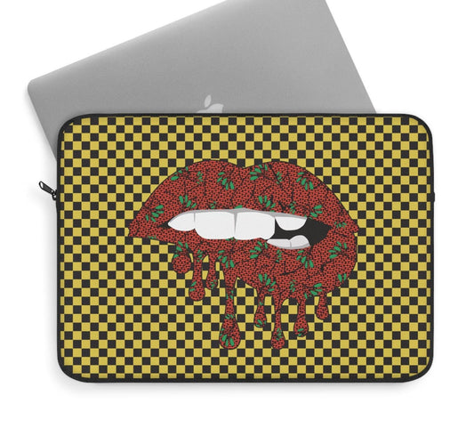 Red Floral Lips Laptop Sleeve: Yellow Checkers, Front Print
