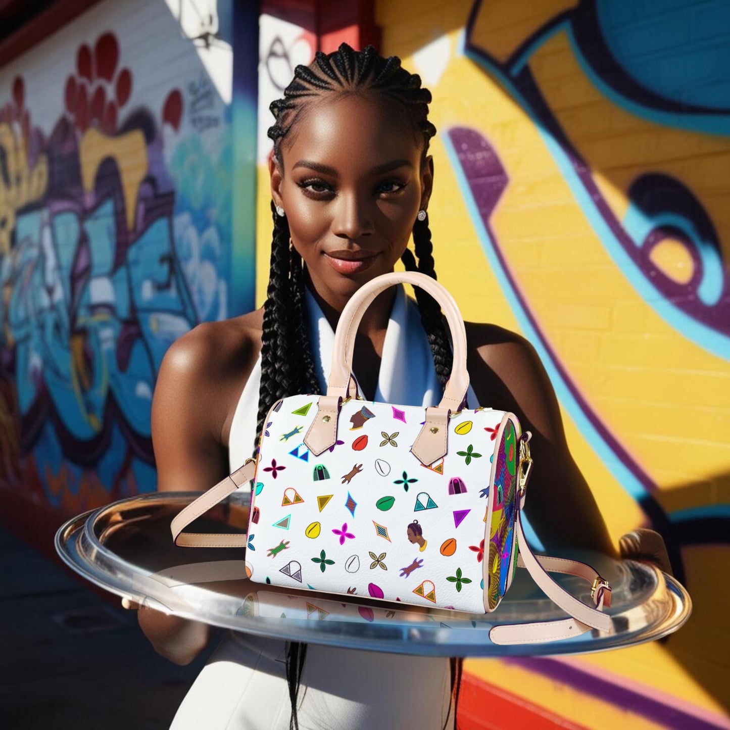 Vegan white Leather Boston Bag: African Toghu Shapes and Ankara Print Satchel Handbag, Ready to Ship