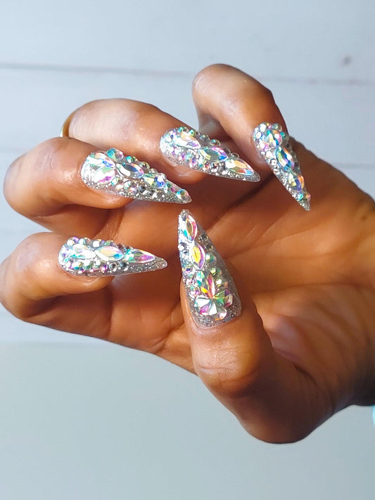 Luxury Diamond Crystal Press On Nails, Long Stiletto Glam Nail Art, Ready to Ship