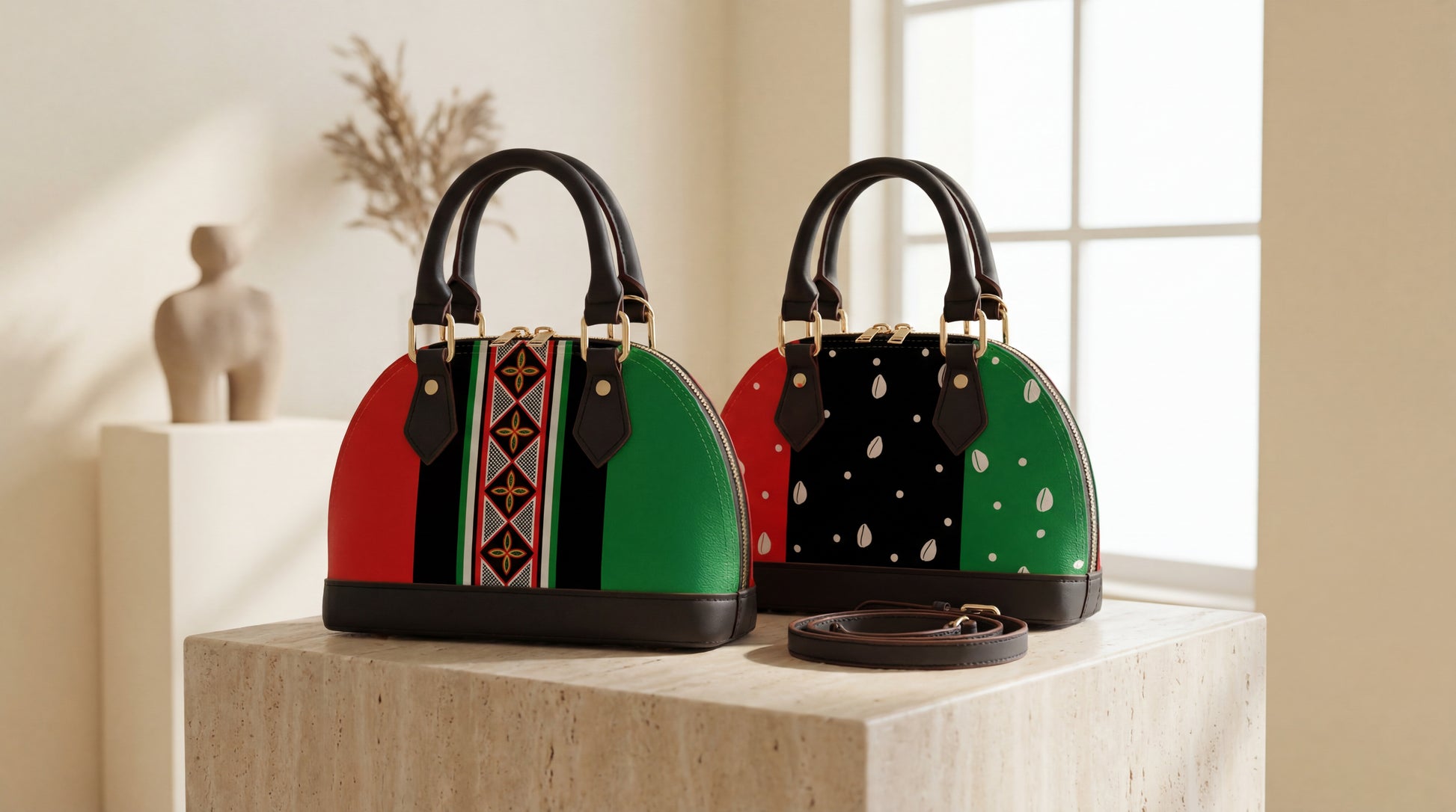 two handbags with distinct color schemes and patterns, placed on a marble pedestal.