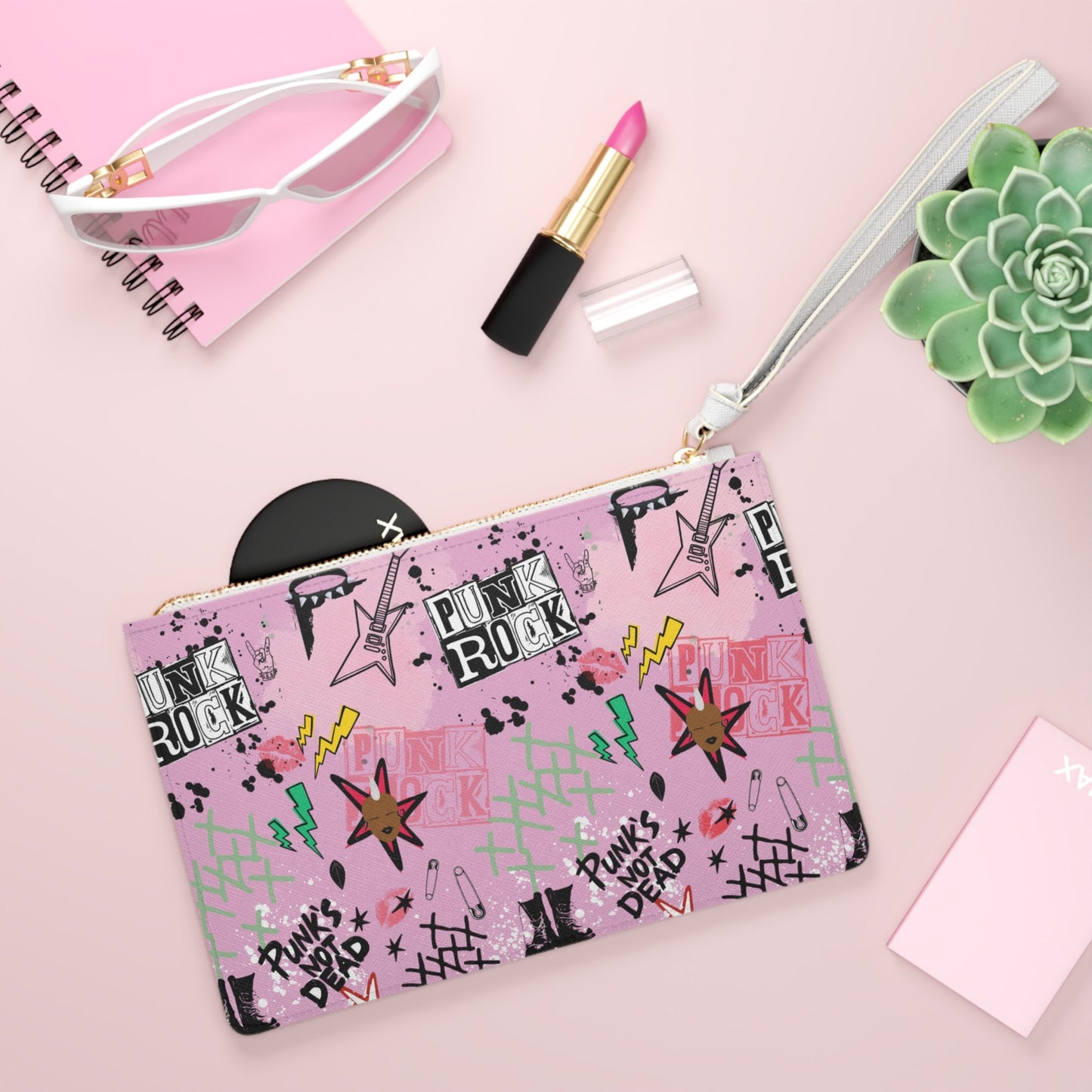 Punk Pink Black Wristlet Clutch Bag, Elegant Evening Accessory, Stylish Birthday Gift