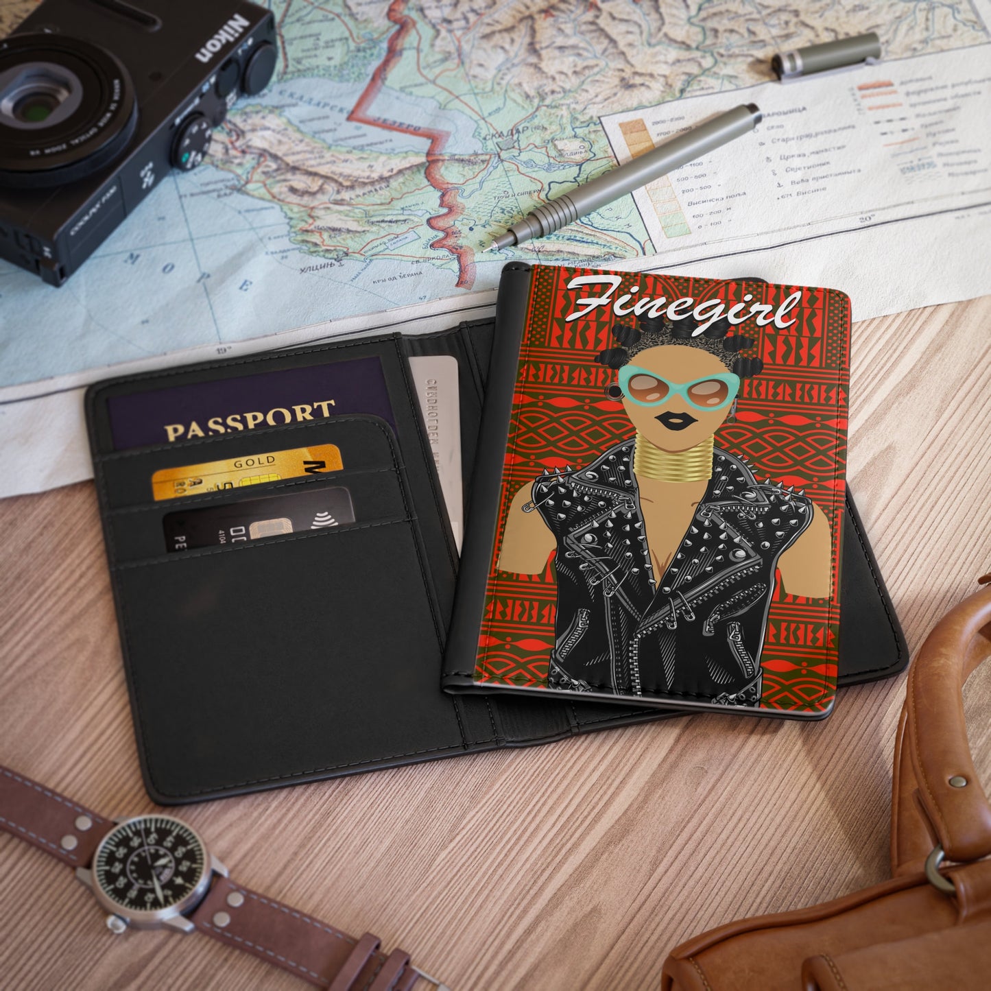 Finegirl(Camel) - Bigidi Hair and Motorcycle Jacket - Red Ndop with Green glasses - Passport Cover