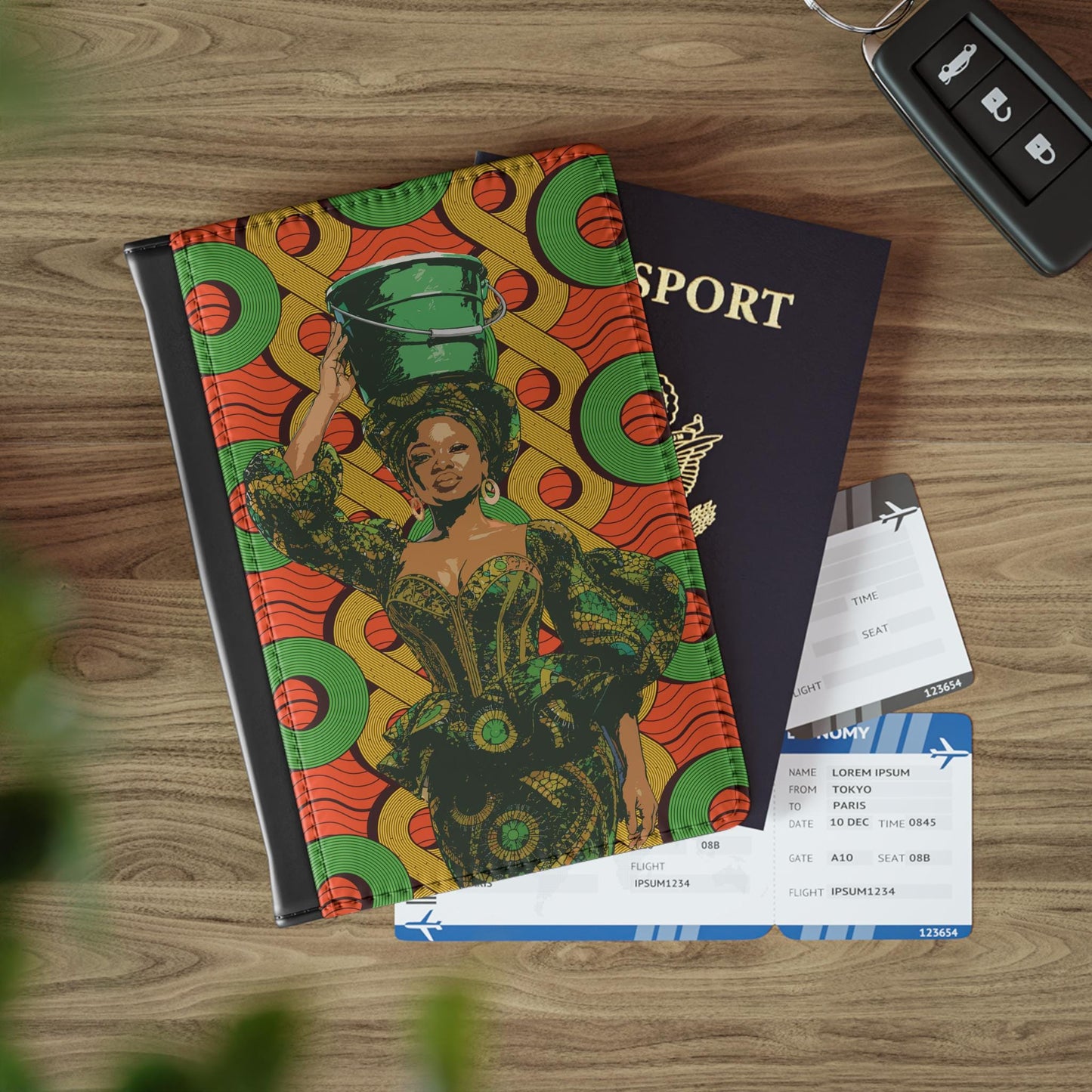 Lady and Bucket Passport Cover on 2 Ankara Prints, Travel Wallet, Pu Leather Passport Holder, Passport Protector, Travel Accessory