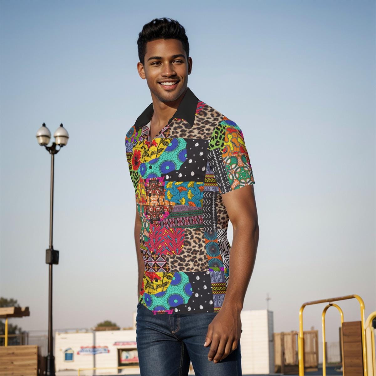 African Ankara Print Men's Button-Up Shirt: Nyanga Boy Design