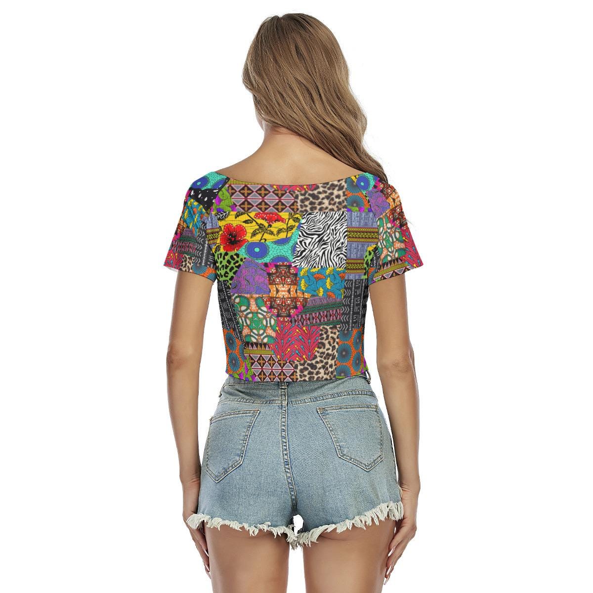 Ankara Print Crop Top: Stretchy V-Neck Summer Festival Fashion, Ready to Ship