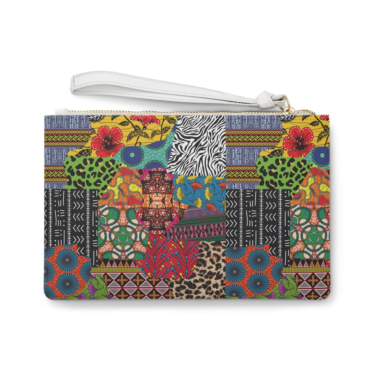 Ankara Print Vegan Leather Wristlet Clutch: African Patchwork Loop Handle