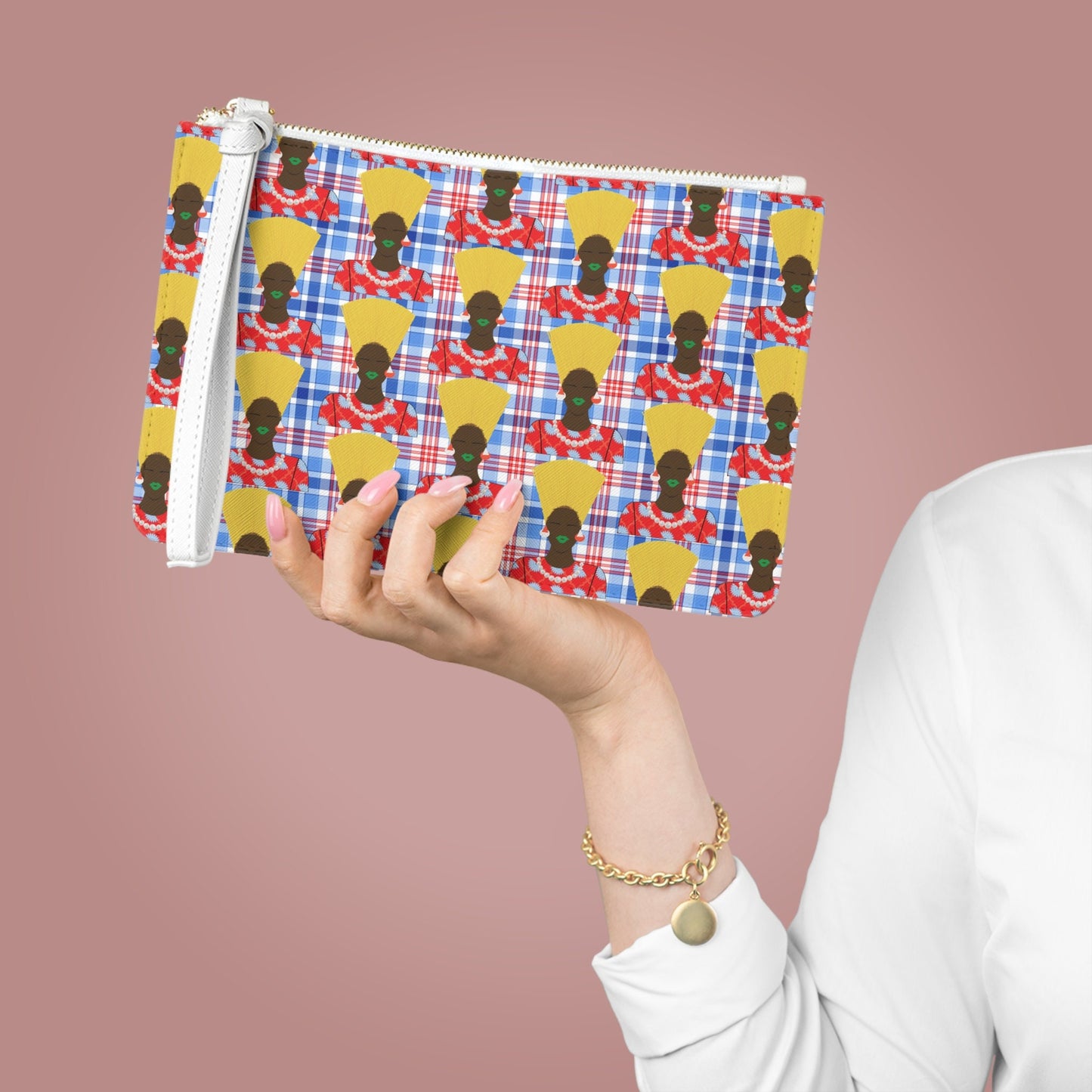 Plaid Vegan Leather Wristlet Clutch: Mukuta Brown Nef Print