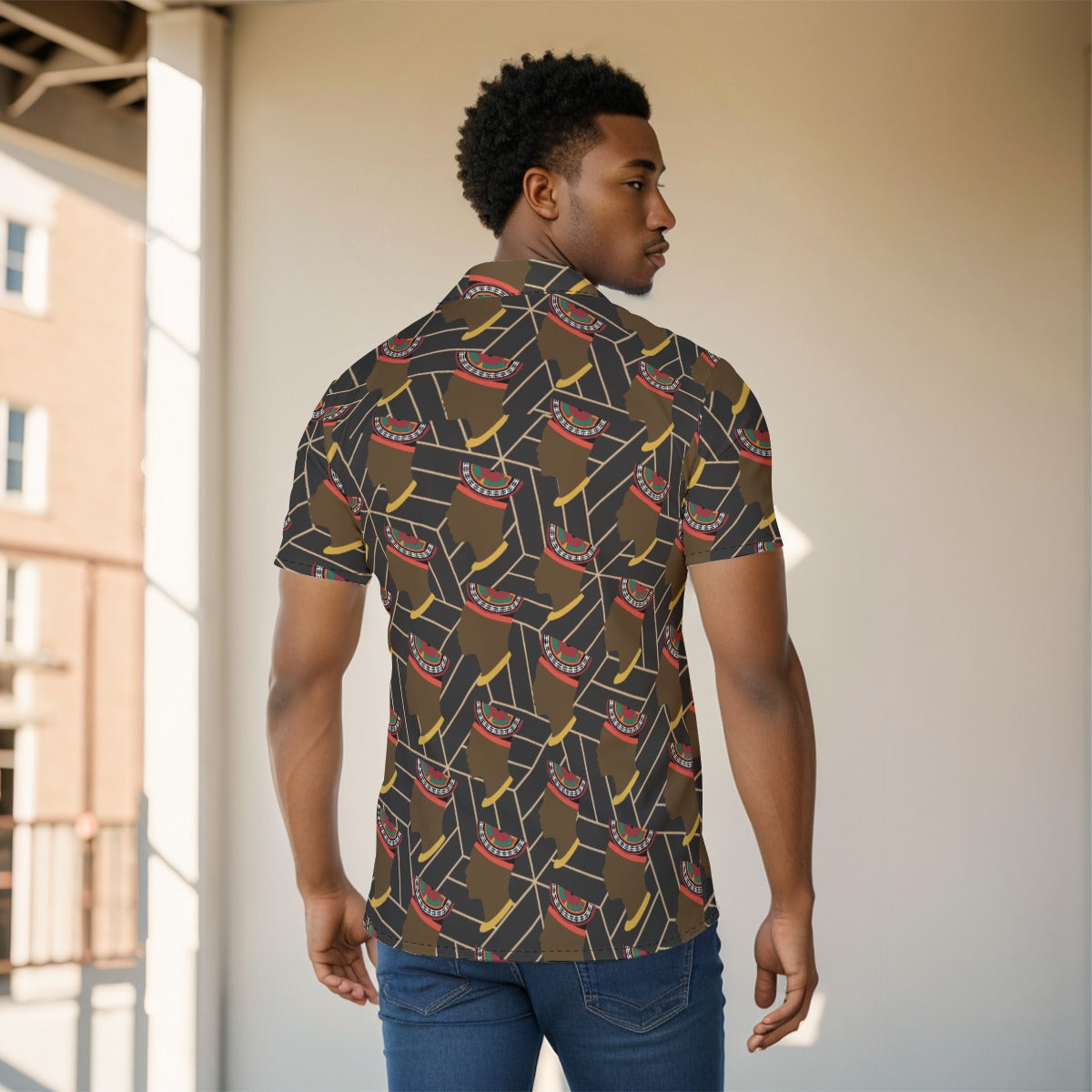 African Print Button-Up Shirt: Bamenda Toghu Hat, Four-Way Stretch