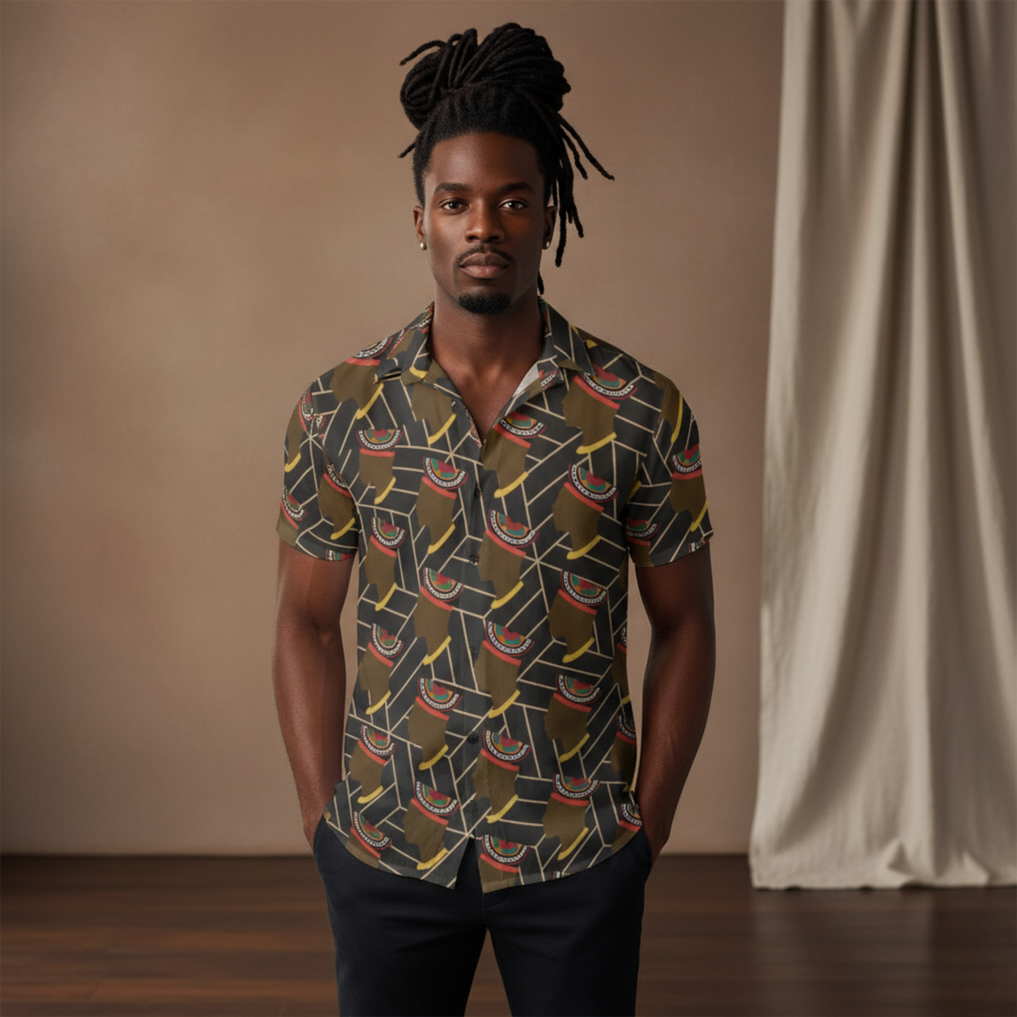 African Print Button-Up Shirt: Bamenda Toghu Hat, Four-Way Stretch