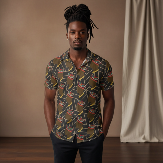 African Print Button-Up Shirt: Bamenda Toghu Hat, Four-Way Stretch