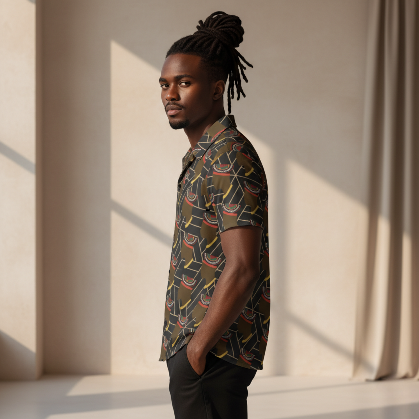 African Print Button-Up Shirt: Bamenda Toghu Hat, Four-Way Stretch