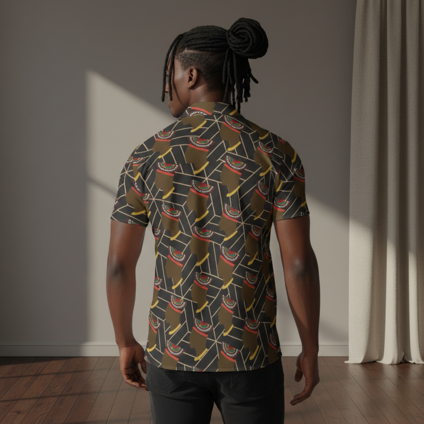 African Print Button-Up Shirt: Bamenda Toghu Hat, Four-Way Stretch
