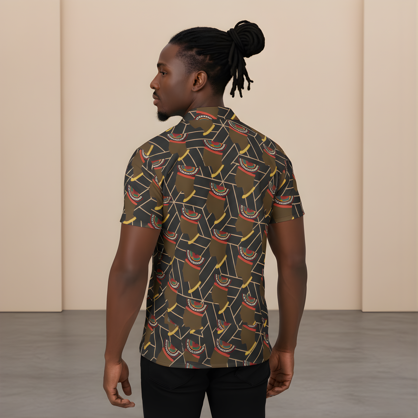 African Print Button-Up Shirt: Bamenda Toghu Hat, Four-Way Stretch